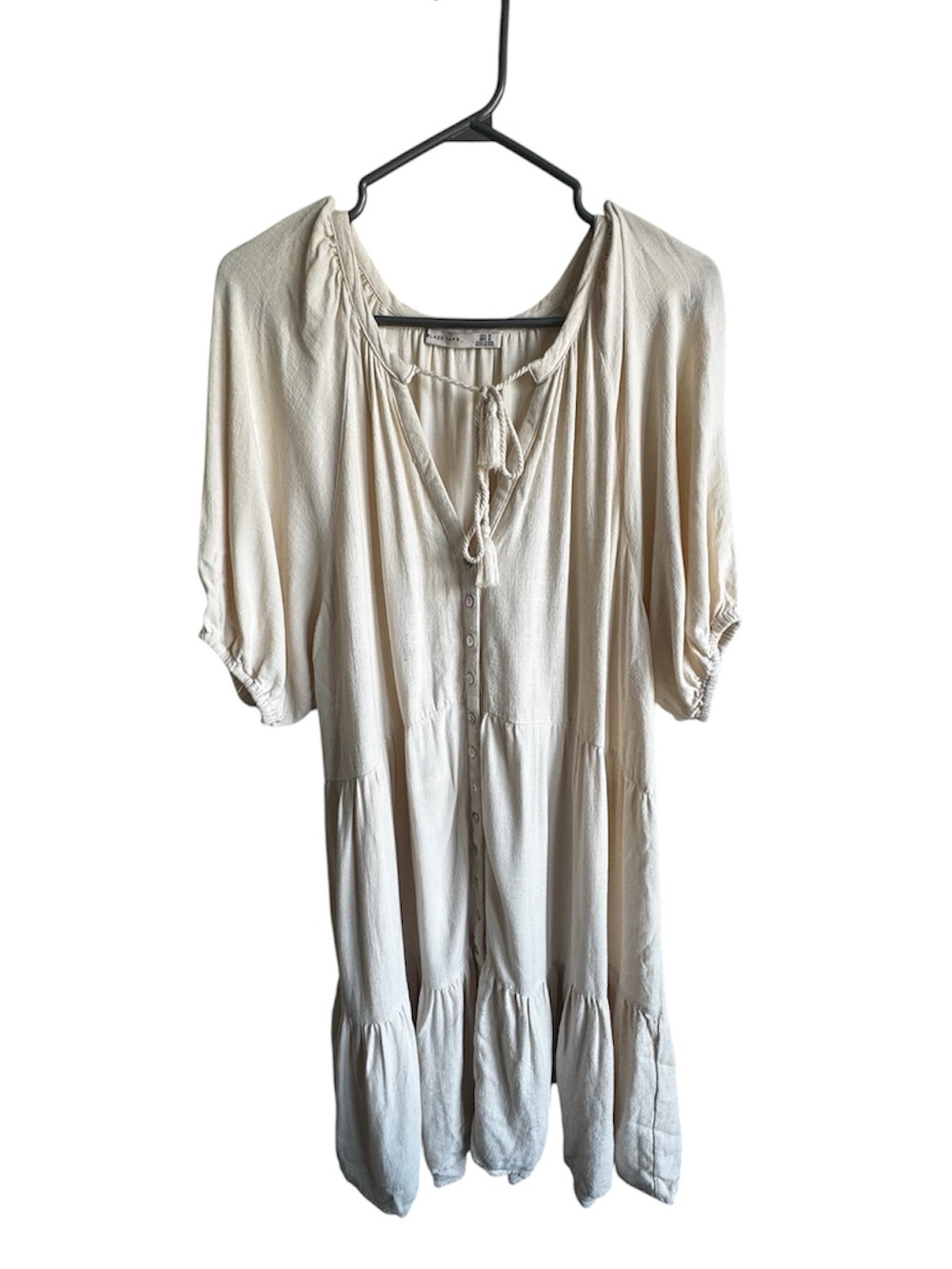 BLACK TAPE Women’s Cream Button-Front Peasant Linen Blend Dress Sz M